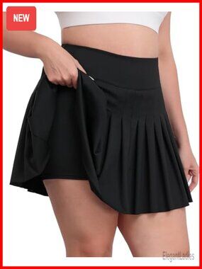 Plus Size Pleated Tennis Skirt with Shorts Stretchy High Waisted A-Line Golf